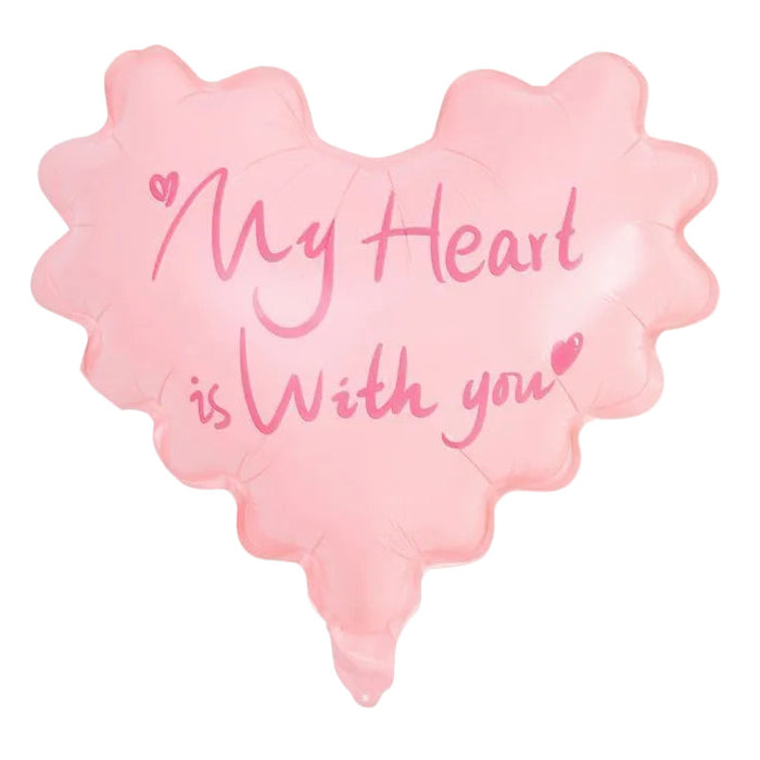 A pink heart-shaped balloon with the words 'My Heart is With you' written in cursive