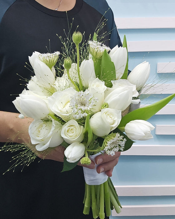 Pure Bliss - wedding - Bridal Bouquet - White Roses - Tulips - Didicus - Well Live Florist