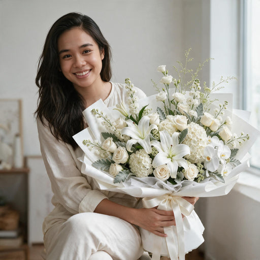 Pure Serenity white lily, rose and orchid fresh flower bouquet Singapore