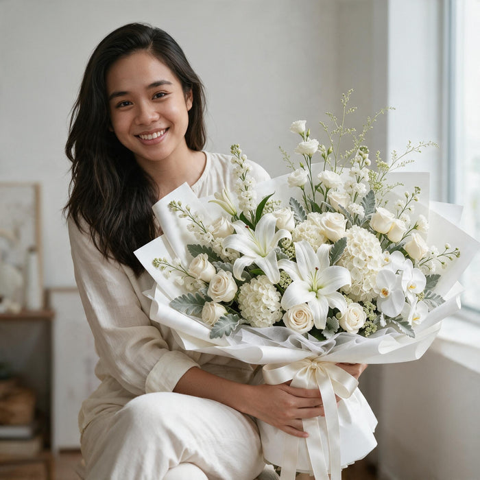 Pure Serenity white lily, rose and orchid fresh flower bouquet Singapore