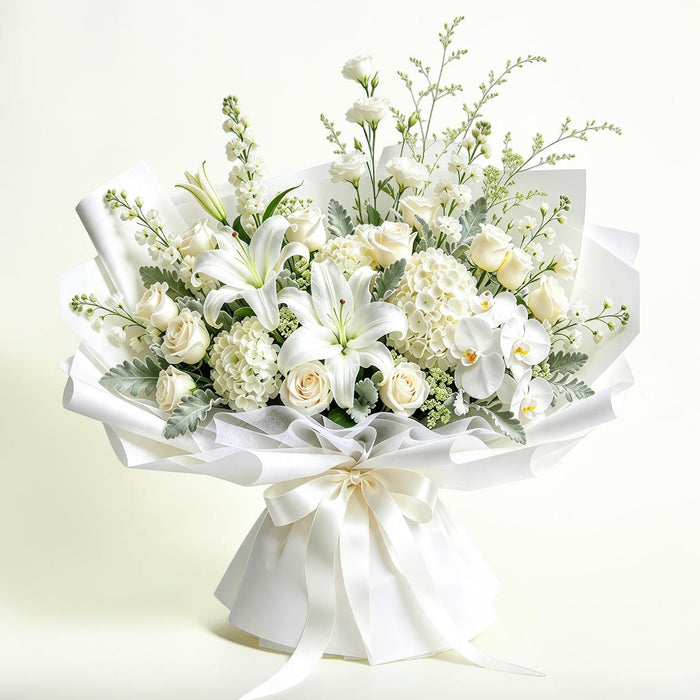 Pure Serenity white lily, rose, hydrangea, and orchid fresh flower bouquet Singapore