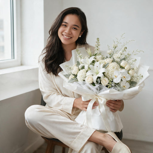 Woman holding Pure Serenity all-white fresh flower bouquet with satin ribbon