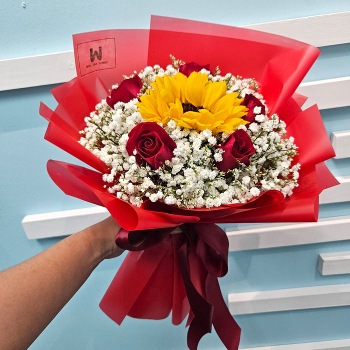 Red Hot Bloom - Hand Bouquet - Sunflower and Red Rose Bouquet - Flower Bouquet - Flower Delivery Singapore - Well Live Florist