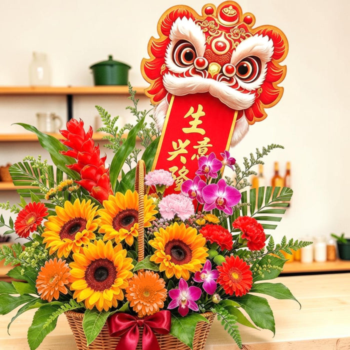 Close-up of lion dance flower basket with 生意兴隆 banner, sunflowers and orchids