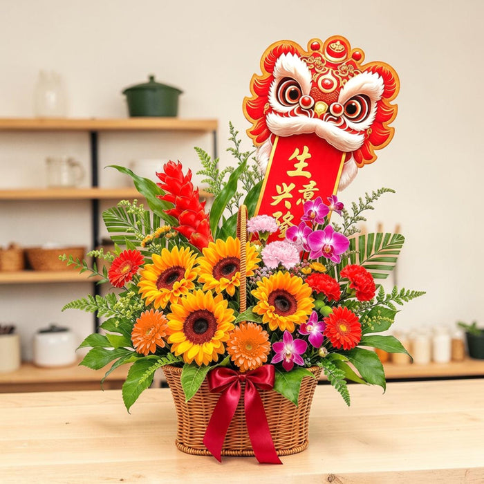 Roaring Fortune Basket – lion dance grand opening flower basket with sunflowers, orange gerberas and baby pink carnations