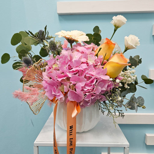 Rosy Hydrangea Delight - Flower In Vase - Baby's Breath - flower in vase - Gerbera - Well Live Florist