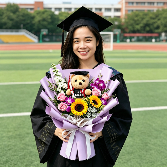 Graduation bouquet with "#1 Grad" teddy bear held by graduate in cap and gown