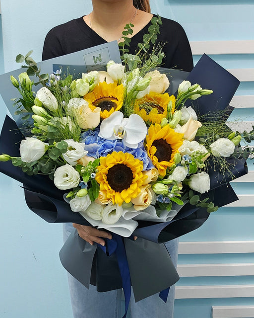 Sunflower Hydrangea Delight - Fresh Flower Hand Bouquet - Sunflower - Roses - Eustoma - Phalaenopsis Orchid - Free Same Day Delivery - Well Live Florist