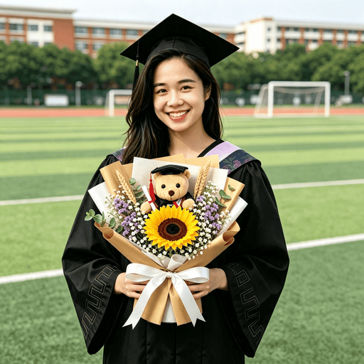 A smiling young woman in a black graduation cap and gown stands on a green sports field holding a graduation bouquet with a sunflower, purple statice, wheat stalks, and a teddy bear topper.