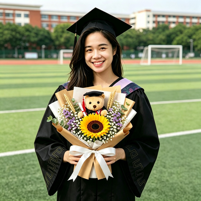 A smiling young woman in a black graduation cap and gown stands on a green sports field holding a graduation bouquet with a sunflower, purple statice, wheat stalks, and a teddy bear topper.