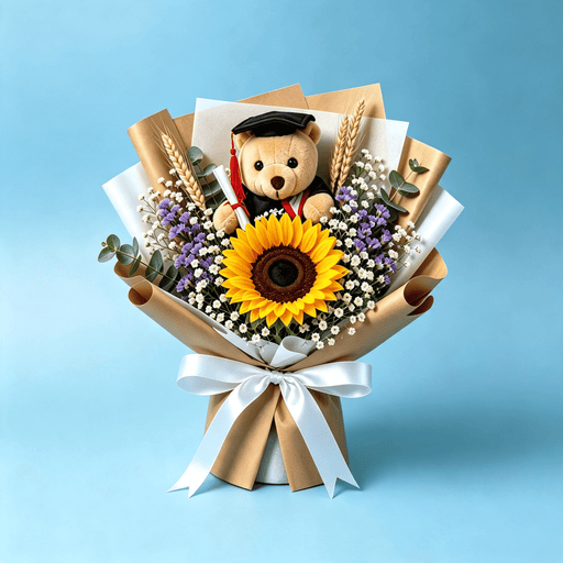 Sunny Success sunflower graduation bouquet with teddy bear, kraft wrap