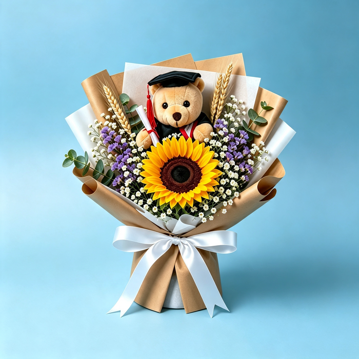Sunny Success sunflower graduation bouquet with teddy bear, kraft wrap