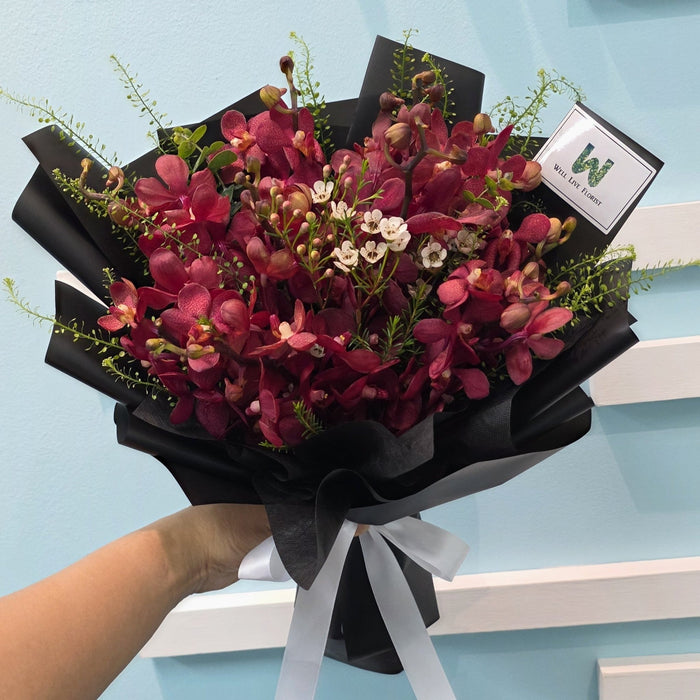 Sunset Glow - Orchid Hand Bouquet - Fresh Flower Bouquet - Yellow Orchid - White Orchid Bouquet - Purple Orchid -  Free Same Day Delivery - Florist Singapore - Well Live Florist