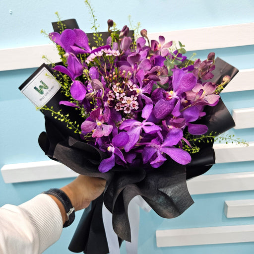 Sunset Glow - Orchid Hand Bouquet - Fresh Flower Bouquet - Yellow Orchid - White Orchid Bouquet - Purple Orchid -  Free Same Day Delivery - Florist Singapore - Well Live Florist