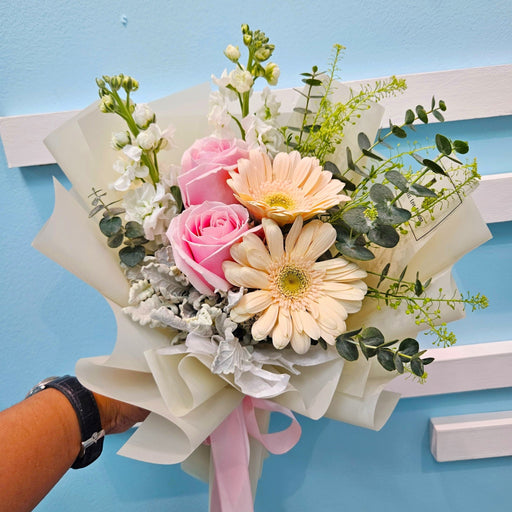 Misty Bliss - Hand Bouquet - Flower Bouquet - Pink Rose and Gerbera - Flower Delivery Singapore - Well Live Florist