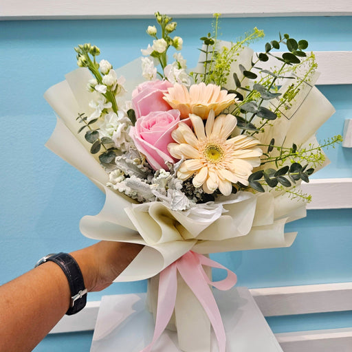 Misty Bliss - Hand Bouquet - Flower Bouquet - Pink Rose and Gerbera - Flower Delivery Singapore - Well Live Florist