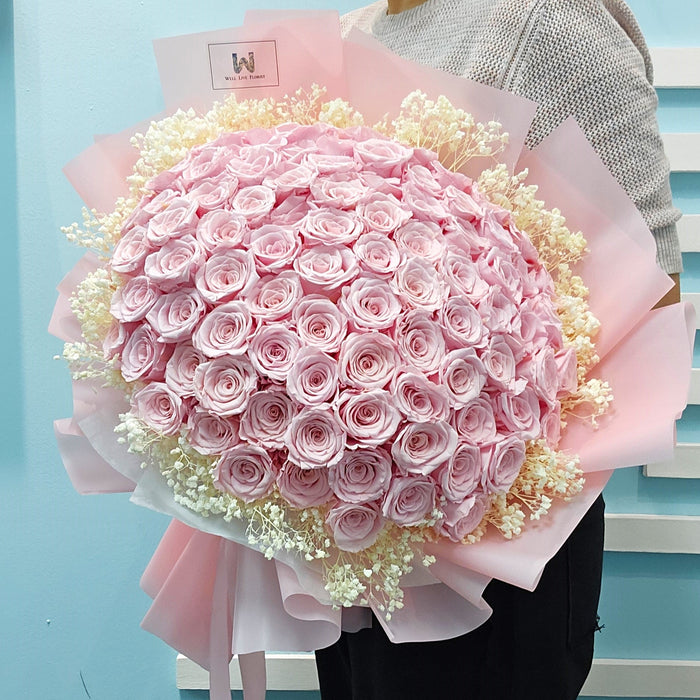 Token Of Love - Preserved Rose Hand Bouquet - 99 Stalk Rose - Baby's Breath - Free Same day Delivery - Well Live Florist