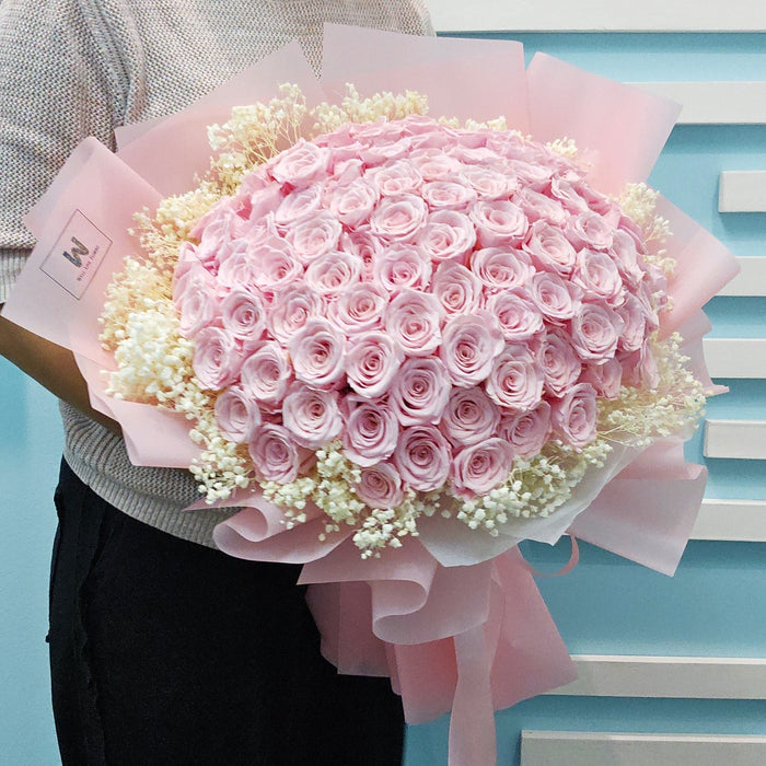 Token Of Love - Preserved Rose Hand Bouquet - 99 Stalk Rose - Baby's Breath - Free Same day Delivery - Well Live Florist