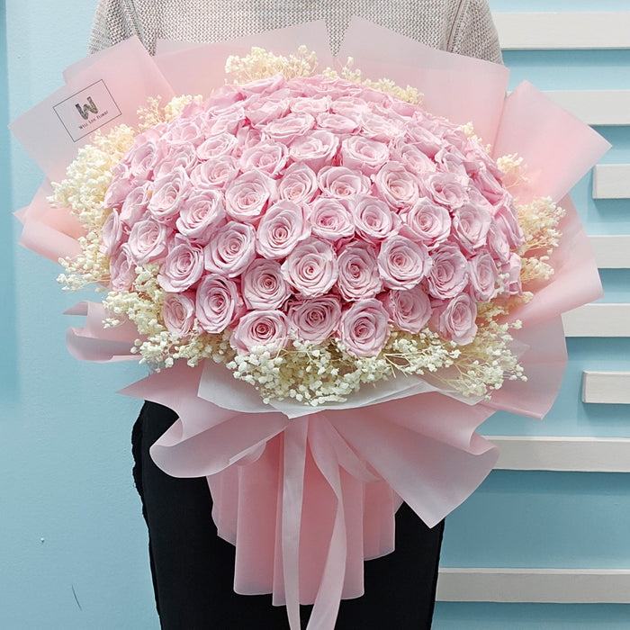 Token Of Love - Preserved Rose Hand Bouquet - 99 Stalk Rose - Baby's Breath - Free Same day Delivery - Well Live Florist