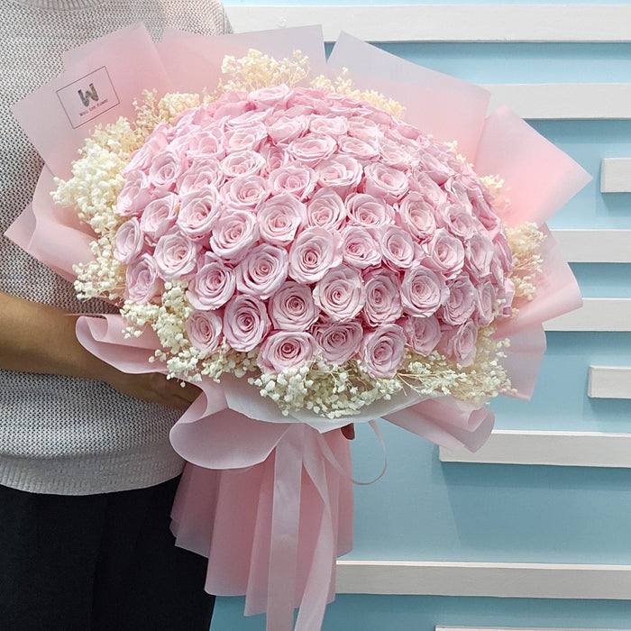 Token Of Love - Preserved Rose Hand Bouquet - 99 Stalk Rose - Baby's Breath - Free Same day Delivery - Well Live Florist