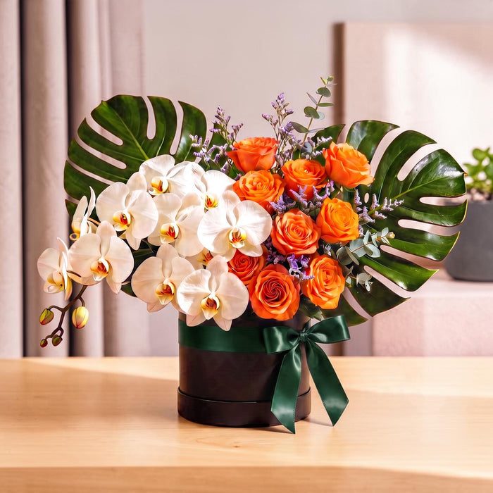 Tropic Sunrise flower box, 50cm wide, with white orchids, orange roses and monstera leaves on a wooden table