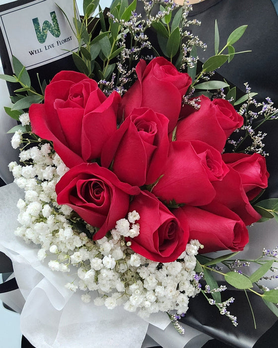 VD Red Passion - Valentines Day - Fresh Roses Bouquet - Baby's Breath - Free Same Day Delivery - Well Live Florist