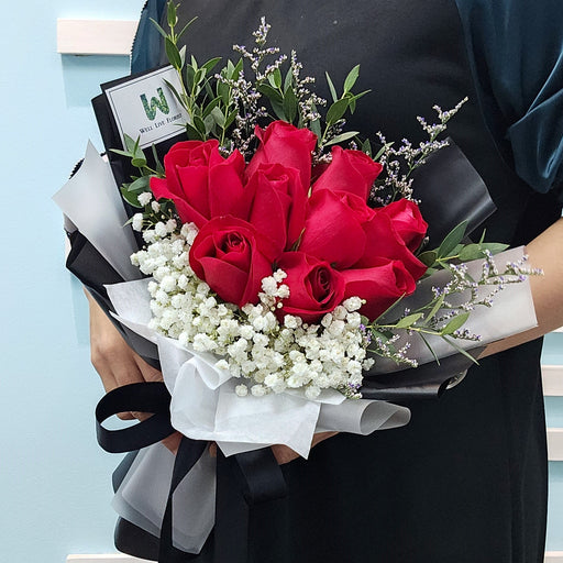 VD Red Passion - Valentines Day - Fresh Roses Bouquet - Baby's Breath - Free Same Day Delivery - Well Live Florist