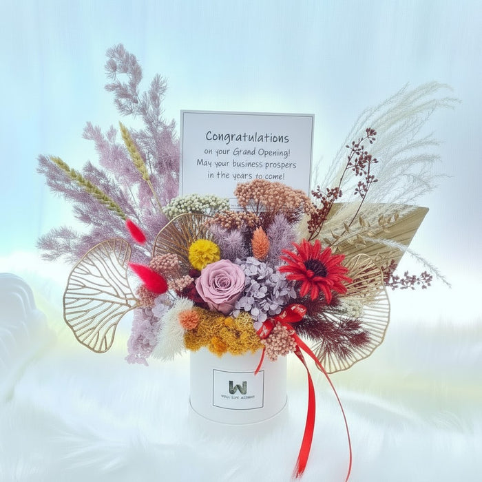 Well Live Florist preserved flower bloom box with roses, hydrangea, and foliage for grand opening congratulations