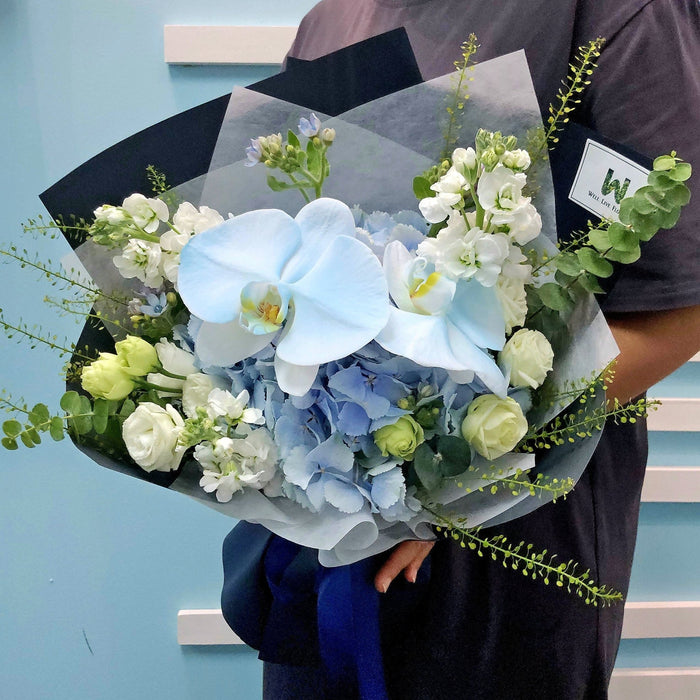 Whispering Wonders - Hand Bouquet - Phalaenopsis Orchid - Fresh Hydrangea -Flower Delivery Singapore - Well Live Florist