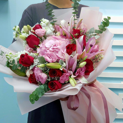 Whispers of Love - Hand Bouquet - Pink Lily Bouquet - Pink Hydrangea Bouquet - Flower Delivery Singapore - Well Live Florist