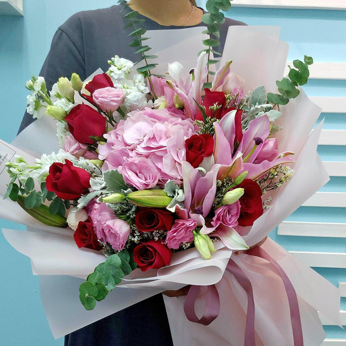 Whispers of Love - Hand Bouquet - Pink Lily Bouquet - Pink Hydrangea Bouquet - Flower Delivery Singapore - Well Live Florist