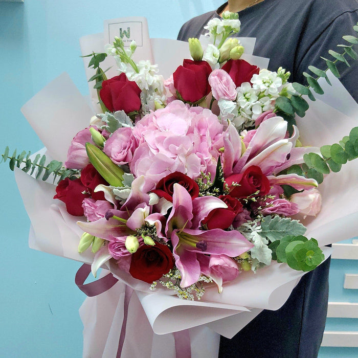 Whispers of Love - Hand Bouquet - Pink Lily Bouquet - Pink Hydrangea Bouquet - Flower Delivery Singapore - Well Live Florist