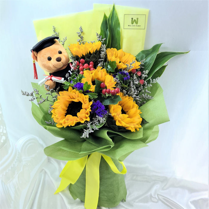 Graduation Surprise sunflower bouquet with graduation bear - Singapore