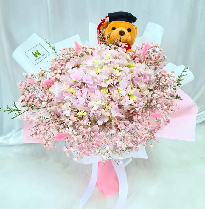 Hydrangea Horizon pink hydrangea graduation bouquet with bear