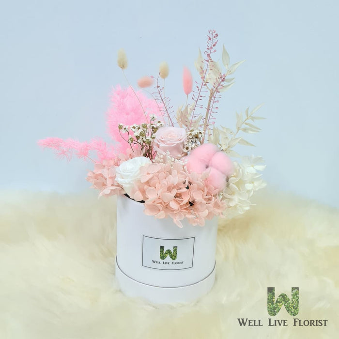 Phoebe - Preserved Flower Box Arrangement - Pink Color Theme - Flower Box - Flower Delivery Singapore - Well Live Florist