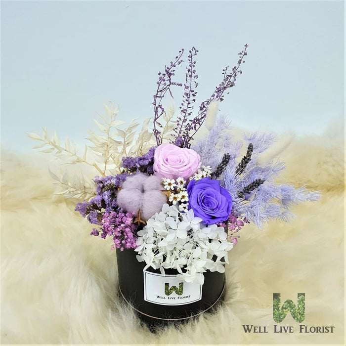 Phoebe - Preserved Flower Box Arrangement - Purple Color Theme - Flower Box - Flower Delivery Singapore - Well Live Florist