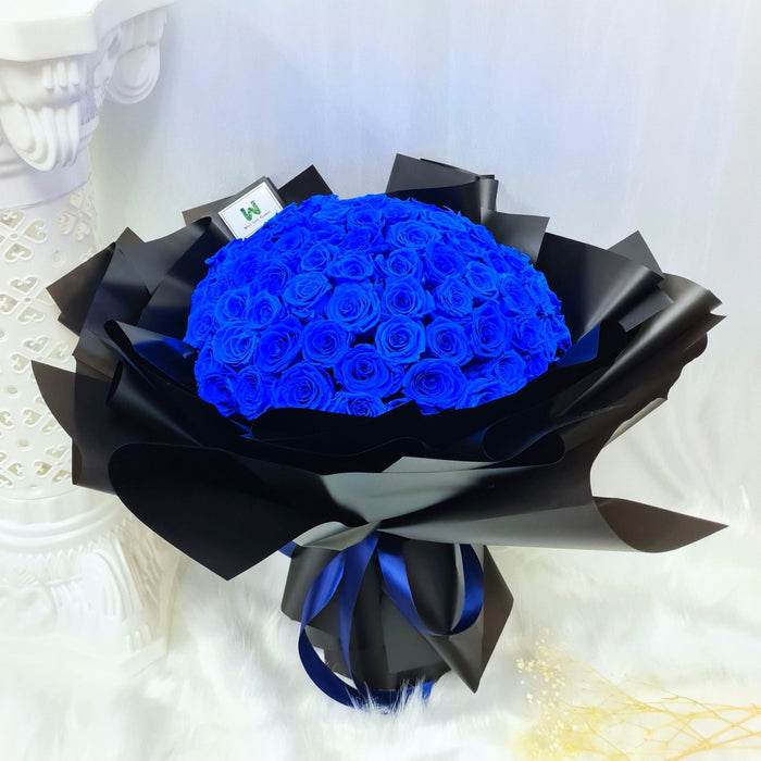 Royal Blue - 99 Preserved Rose Hand Bouquet - Preserved Flower Bouquet - Free Same Day Delivery - Florist Singapore - Well Live Florist