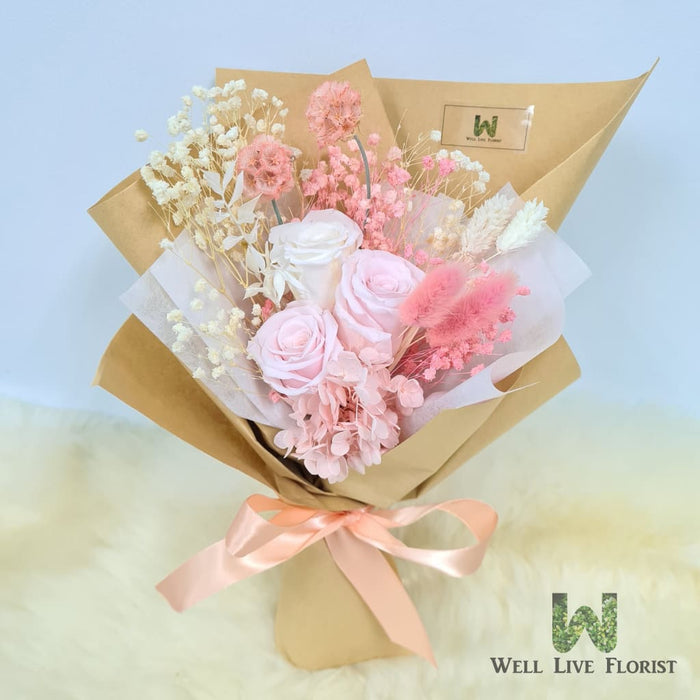 Hand Bouquet of Preserved Roses, Hydrangea,and Dried Foliage
