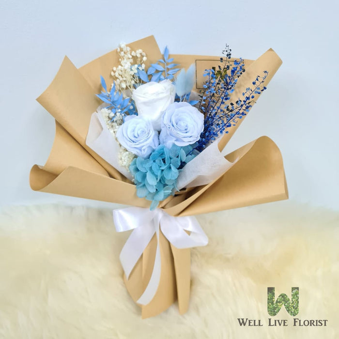 Hand Bouquet of Preserved Roses, Hydrangea, Baby Breath and Dried Foliage