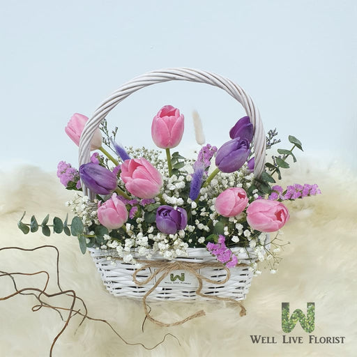 Camila  Flower Box Comprising of Tulips, Baby's Breath, Statice and Green Foliage 