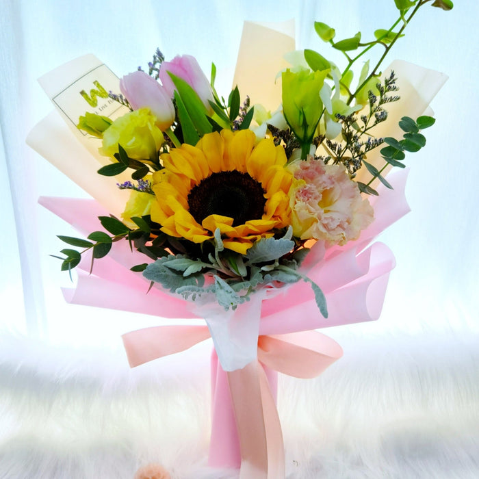 Hand bouquet, flower bouquet, sunflower bouquet, tulips bouquet