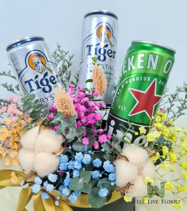 Box Arrangements of Baby's Breath , Dried Cotton , Filler Flower and Dried Foliage including  03 Can of Beer - 320 ml