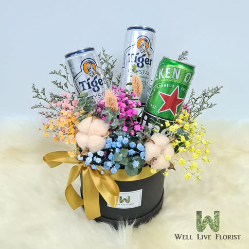Box Arrangements of Baby's Breath , Dried Cotton , Filler Flower and Dried Foliage including  03 Can of Beer - 320 ml