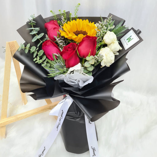 Blaze Of Love - Sunflower Hand Bouquet - Flower Bouquet - Red Rose - Flower Delivery Singapore - Well Live Florist