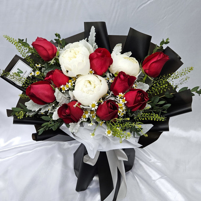 Enchating Duo - Hand Bouquet - Hand Bouquet - Peony - Red Roses - Well Live Florist