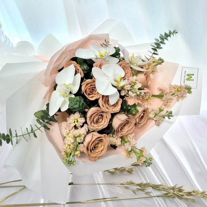 Cappuccino Dreamland - Hand Bouquet - Flower Bouquet - Cappuccino Rose and White Phalaenopsis Orchid - Flower Delivery Singapore - Well Live Florist