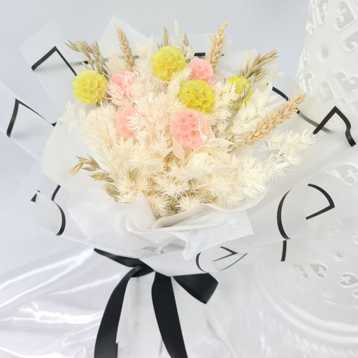  preserved scabiosa pods flowers, preserved filler and dried foliage.
