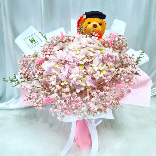 Graduation bouquet, pink hydranges graduation bouquet, baby breath graduation bouquet