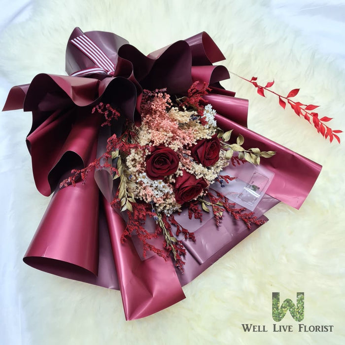 Hand Bouquet of Preserved Roses and Dried Foliage