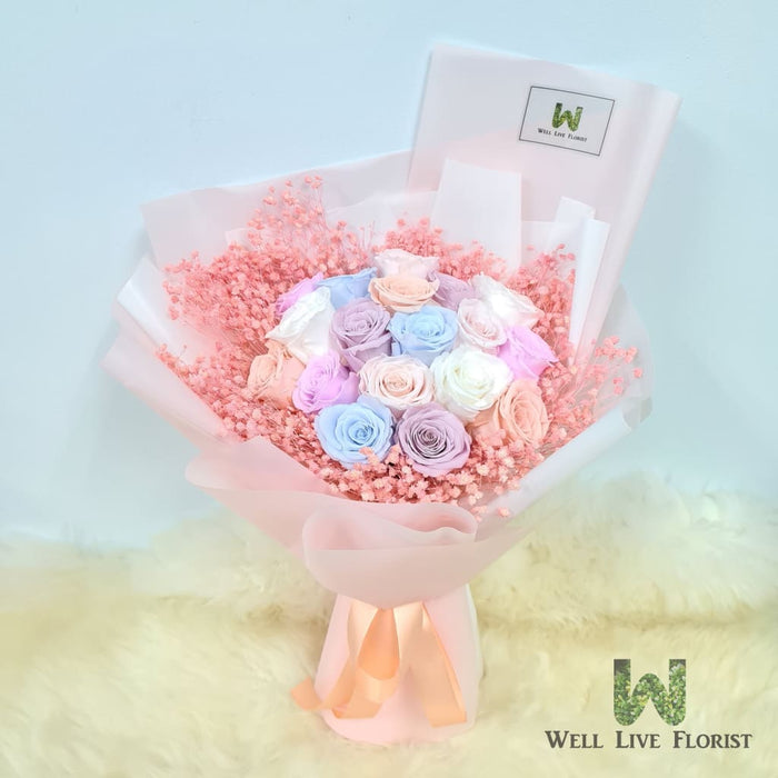 Hand Bouquet of Preserved Roses, Baby Breath 